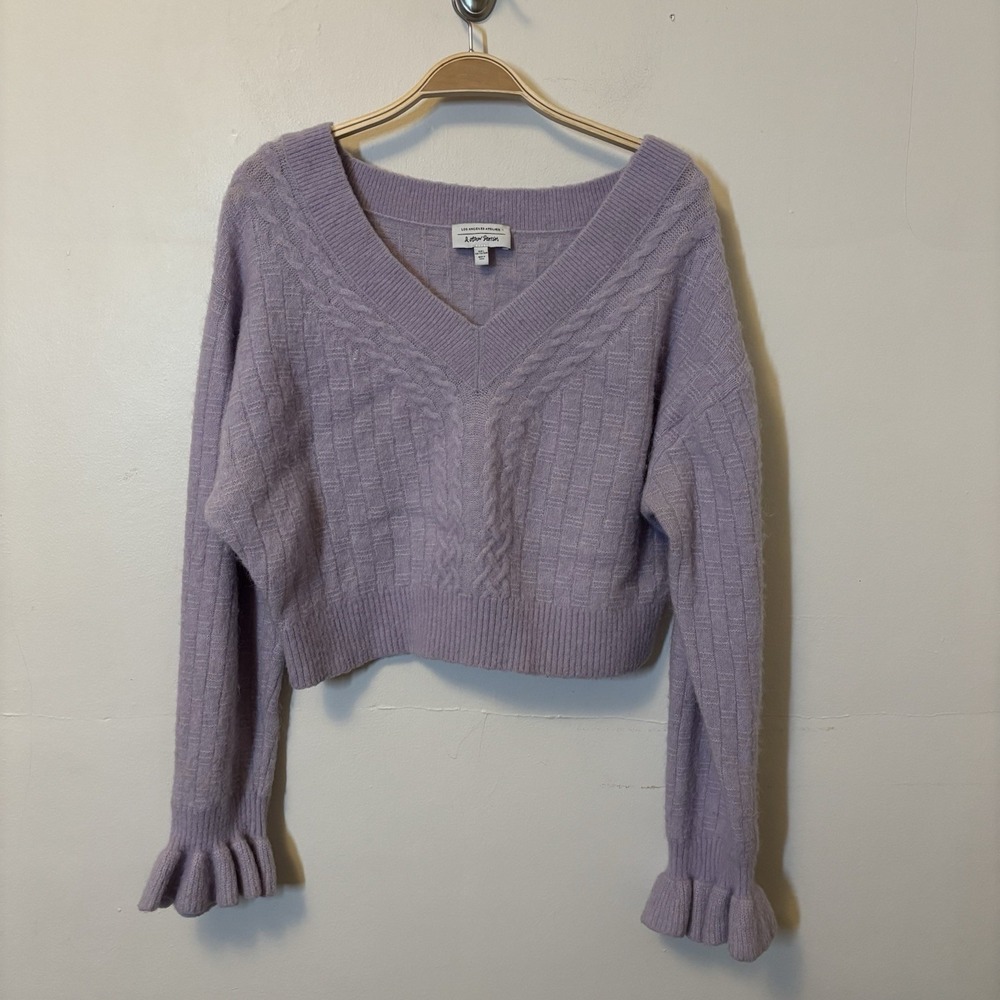 & Other Stories Sweater Cropped Cable Knit Purple Ruffle Preppy Alpaca‎ Blend L